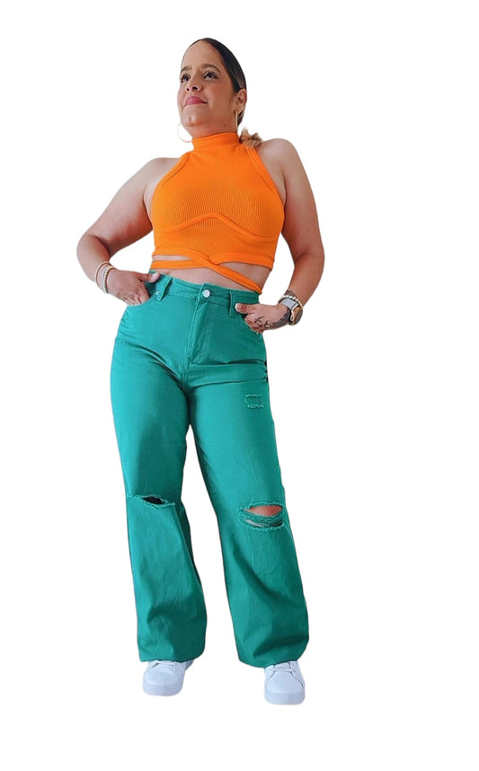 High Waist Straight Pants Green